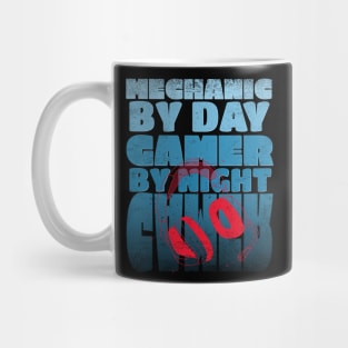 Gaming Quote Mechanic by Day Gamer by night in Blue Text Mug